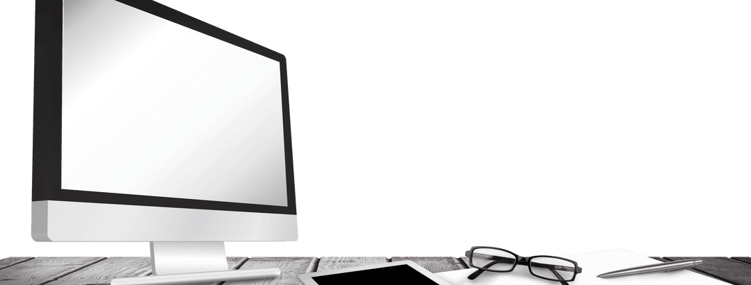Transparent office workstation with computer and tablet