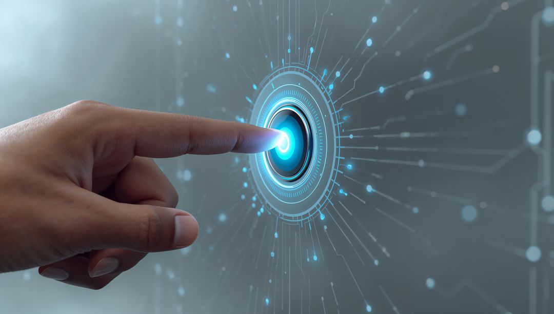 Finger Activating Futuristic Holographic Touch Interface with Cyan Digital UI Rings