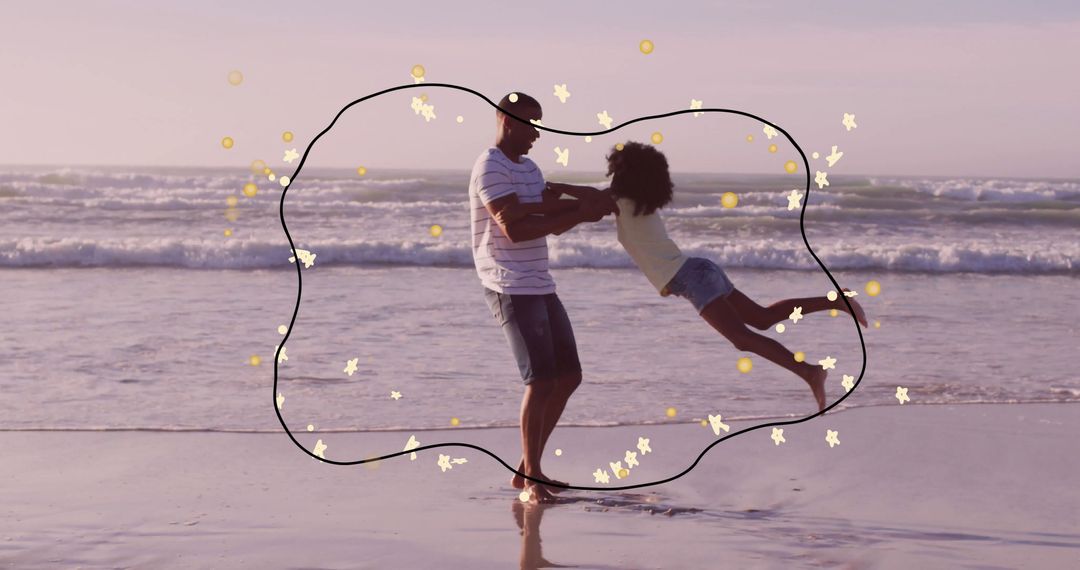 Joyful Father and Daughter Bonding on Beach With Abstract Elements