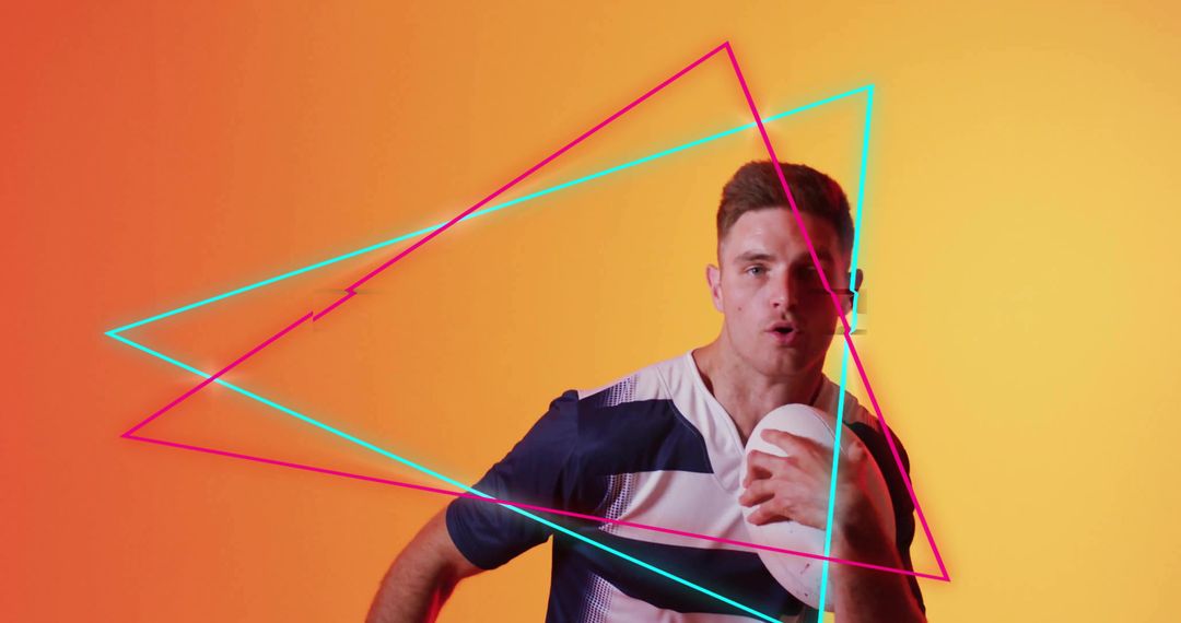 Dynamic Athlete Holding Ball Against Neon Geometric Bright Background