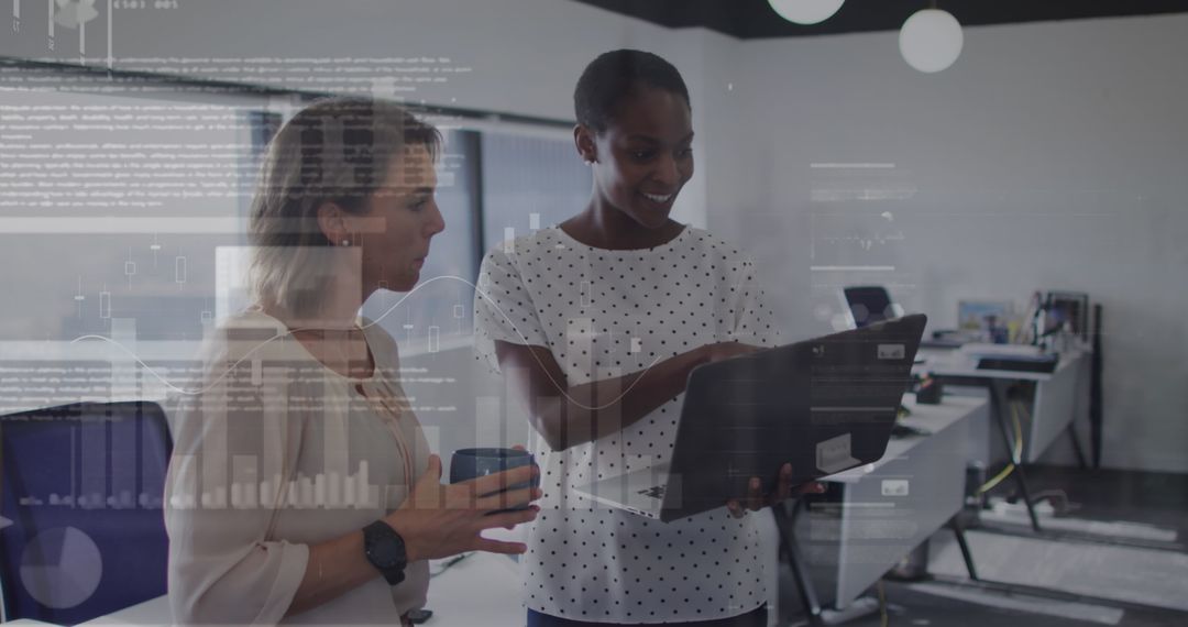 Diverse Business Team Collaborating on Laptop with Data Overlay