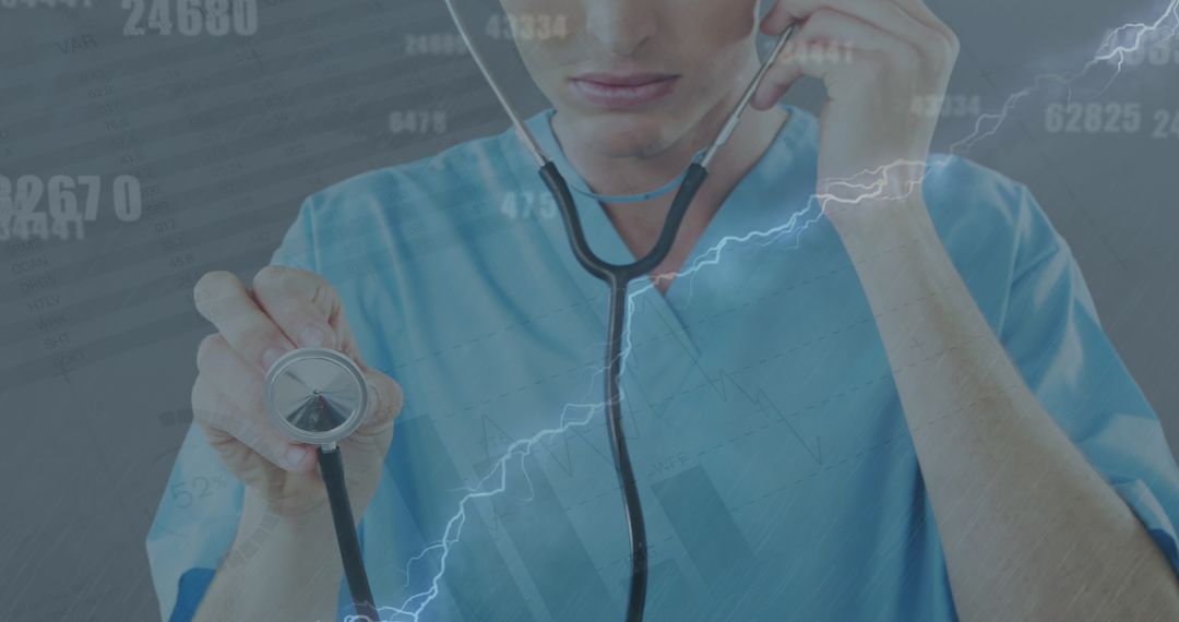 Healthcare Professional in Scrubs with Stethoscope Amidst Data Analysis