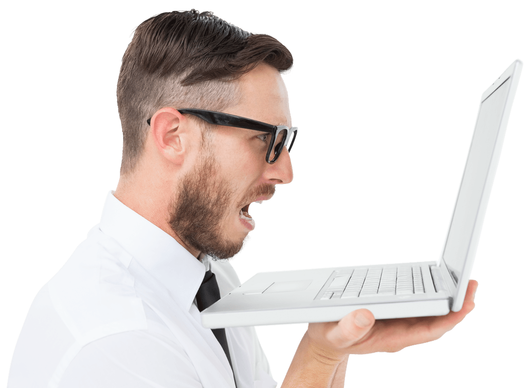 Frustrated Businessman Yelling at Transparent Laptop