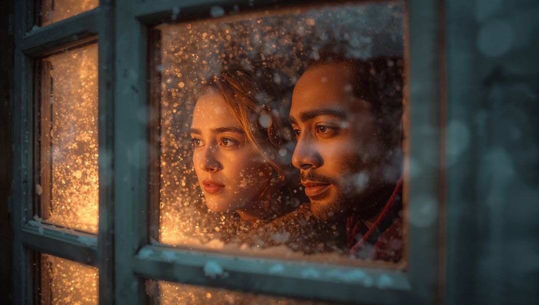 Romantic Couple Gazing Through Frosted Window with Warm Glow