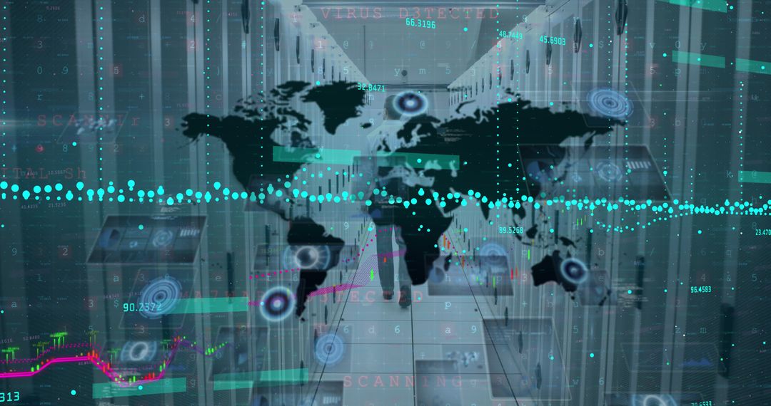 Image of financial data processing over world map against empty computer server room - Free Images, Stock Photos and Pictures on Pikwizard.com