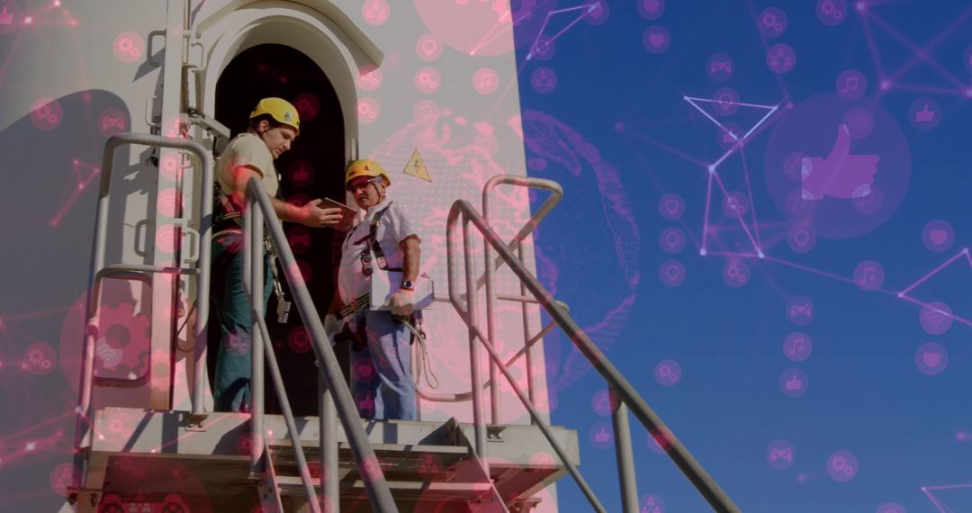 Technicians Collaborating on Wind Turbine Maintenance with Networking Overlay