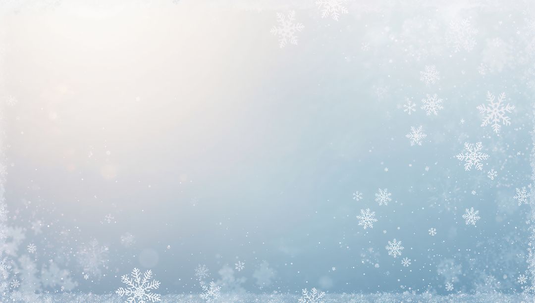 Shimmering Snowflakes Drifting Over Frosted Blue Gradient Background with Bokeh Glow