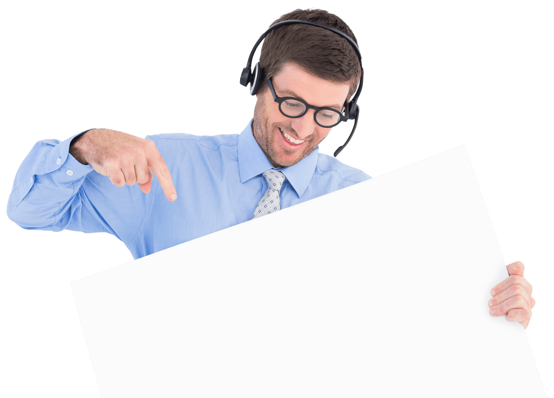 Businessman with Headset Displaying Blank White Card Transparent Background