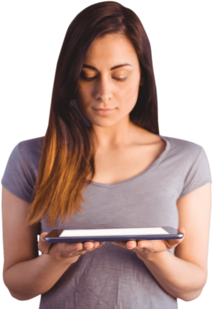 Transparent Woman Holding Digital Tablet with Relaxed Expression