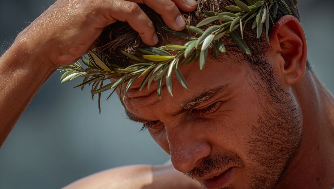 Olive-skinned man touching laurel wreath, sweating under sun, closeup heroic portrait