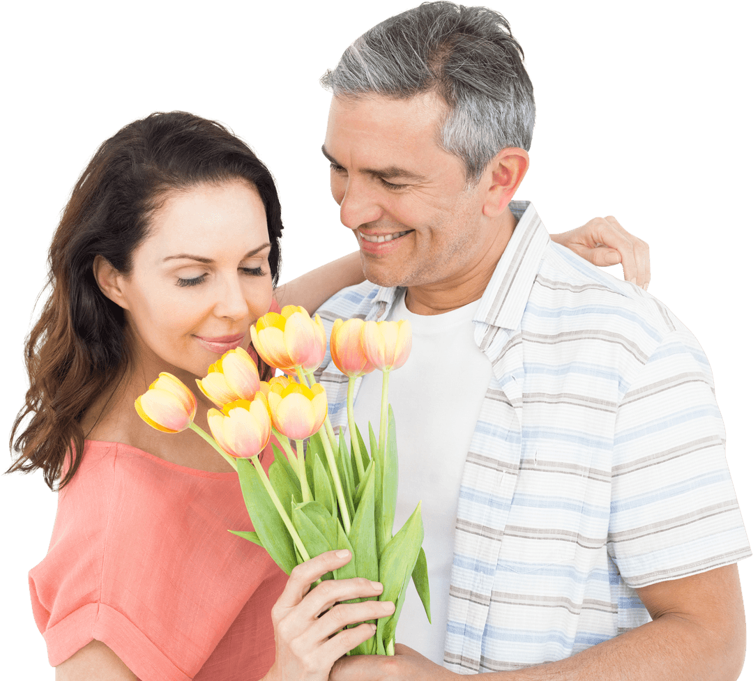 Transparent Happy Couple Embracing with Tulip Bouquet