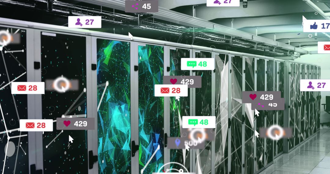 Social Media Symbols Overlaying Data Server Racks in Digital Space