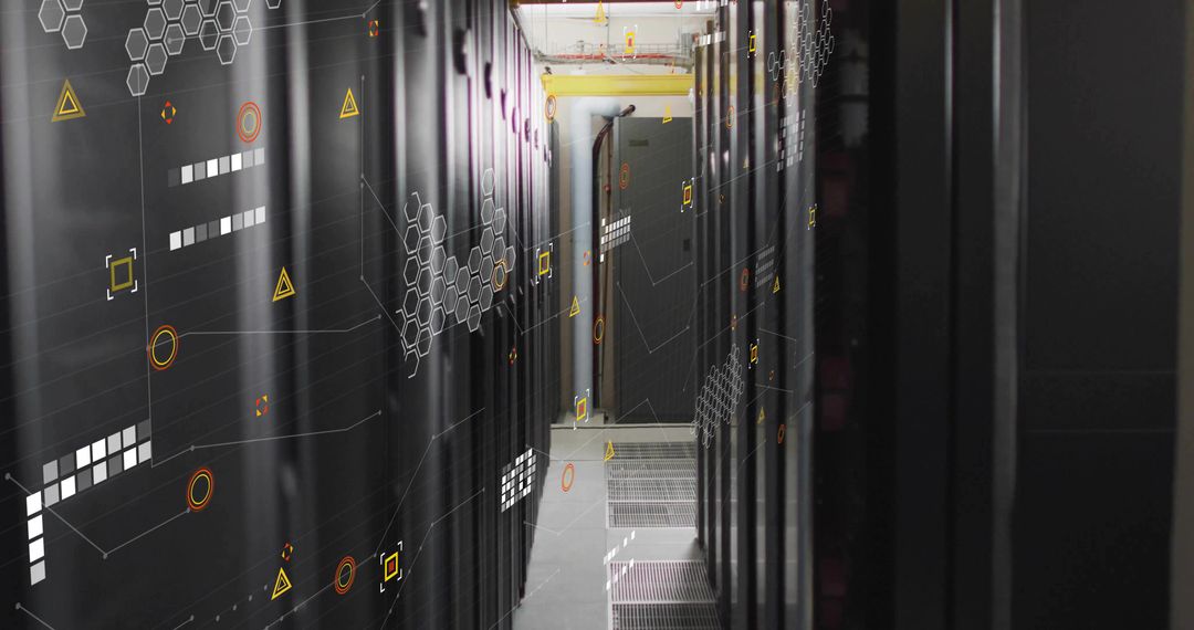Narrow Corridor with Server Racks and Grid Overlay in High-Tech Data Center