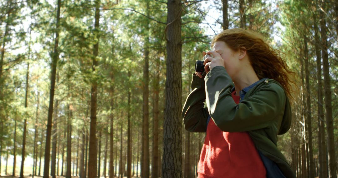 Woman in Red Shirt Photographing Lush Pine Forest - Free Images, Stock Photos and Pictures on Pikwizard.com