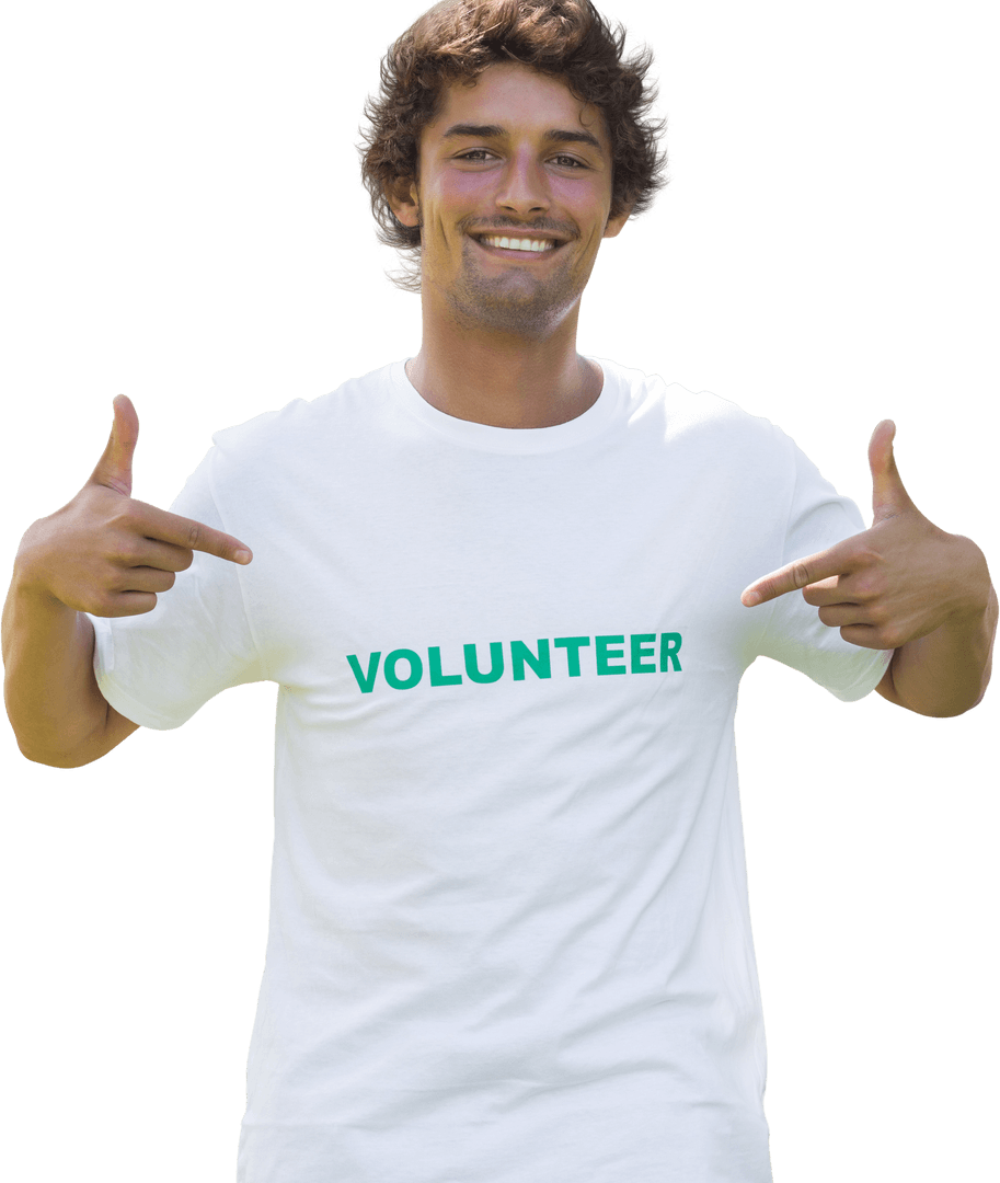 Man Enthusiastically Wearing Volunteer T-shirt with Transparent Background