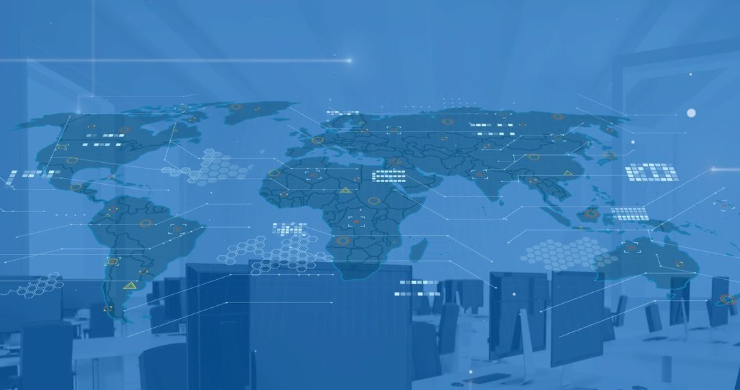 Digital World Map Overlay on Office Computers Visualizing Global Finance Data