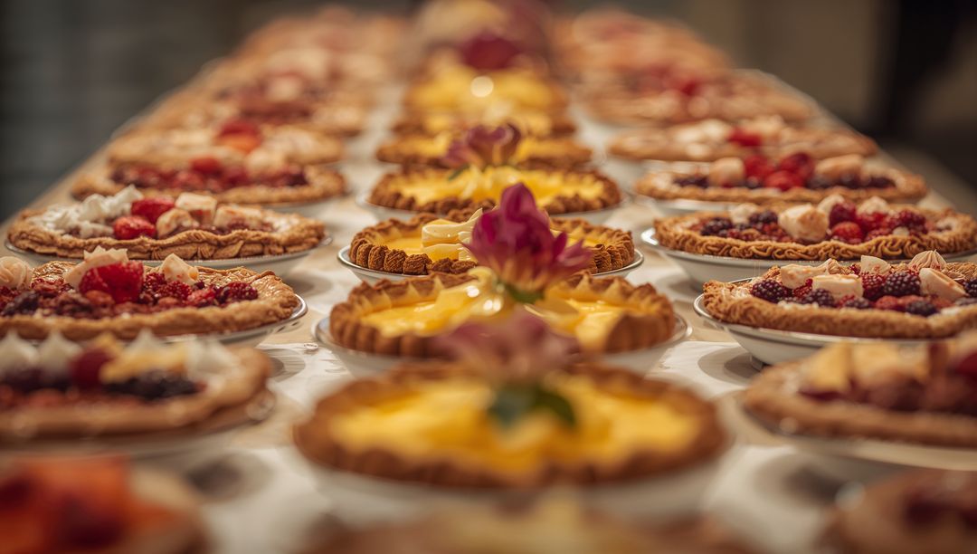 Displaying lemon-curd tarts and mixed-berry pies lining buffet table with floral garnish