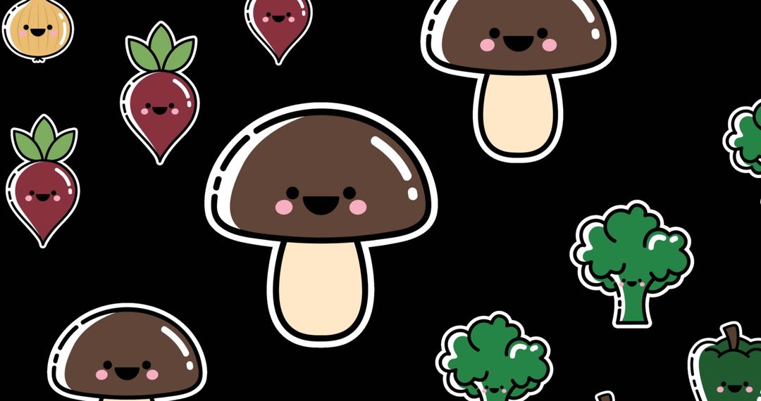 Smiling Vegetables Pattern with Mushrooms on Black Background