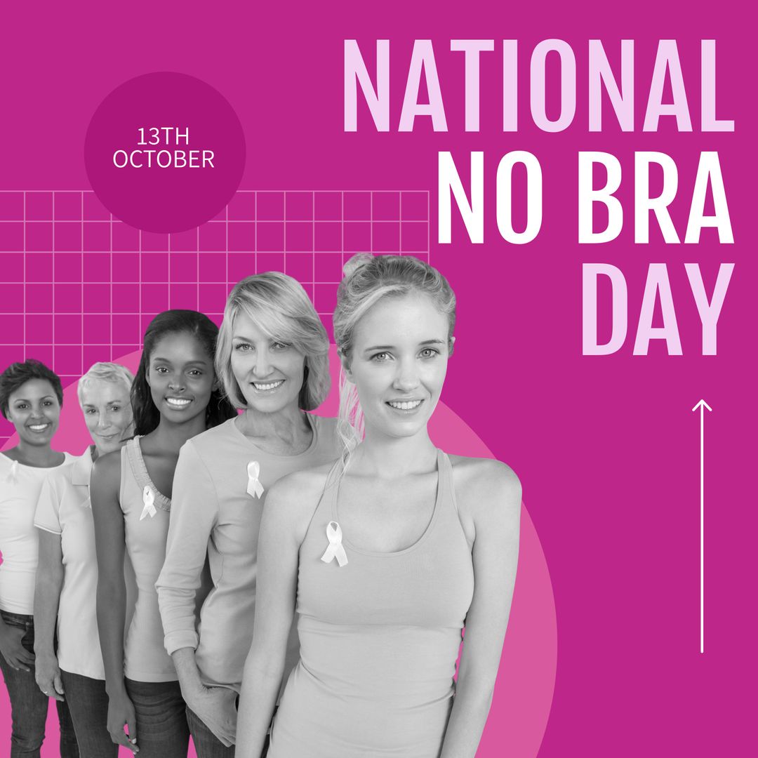 Diverse Women Promoting National No Bra Day with Awareness Ribbon