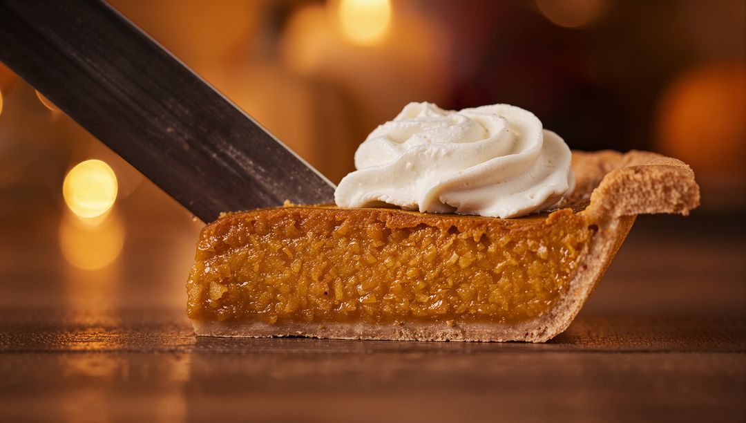 Lifting pumpkin pie slice on spatula with whipped cream and golden filling