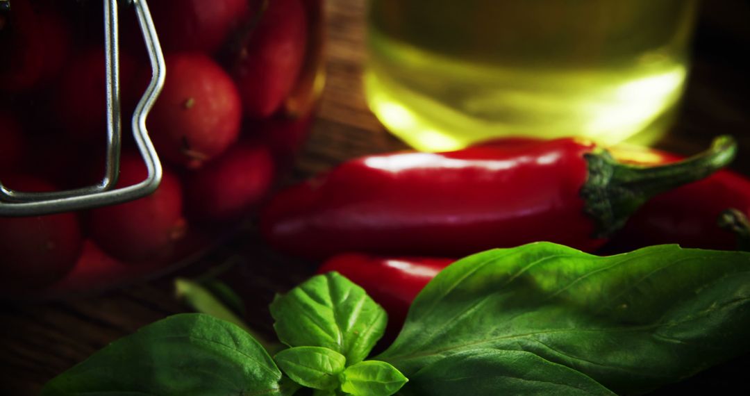 Fresh Chilies and Basil on Wooden Surface with Jar and Bottle - Free Images, Stock Photos and Pictures on Pikwizard.com