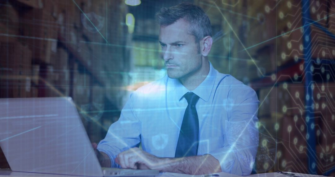 Businessman Analyzing Data in High-Tech Warehouse Environment