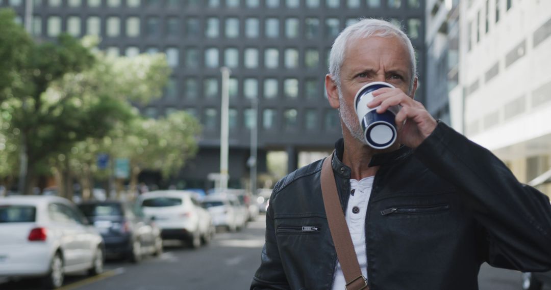 Mature Man Drinking Coffee Wearing Leather Jacket in Urban Area - Free Images, Stock Photos and Pictures on Pikwizard.com