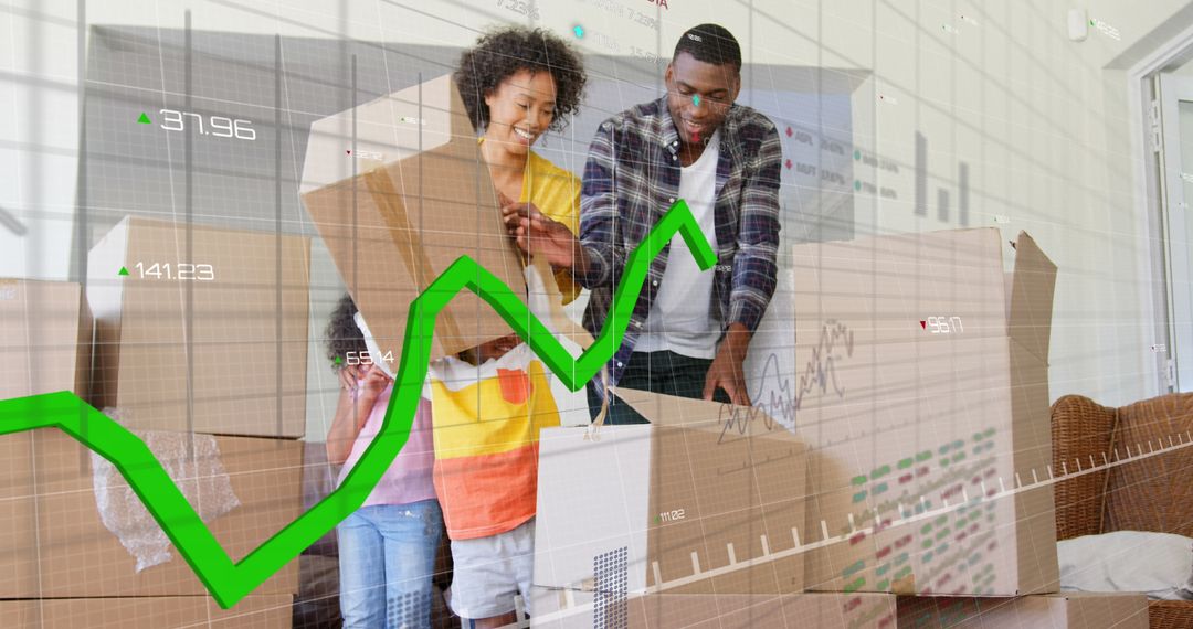 Family Moving into New Home with Financial Growth Chart Overlay