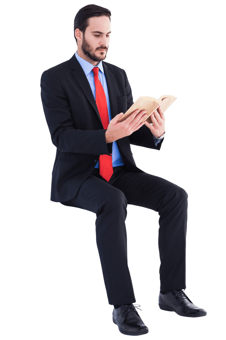 Businessman Reading Book in Mid-Air with Transparent Background