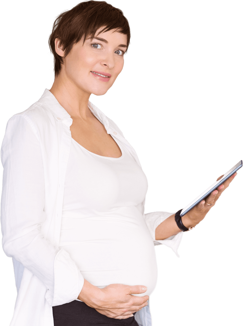 Pregnant Woman Using Transparent Digital Tablet