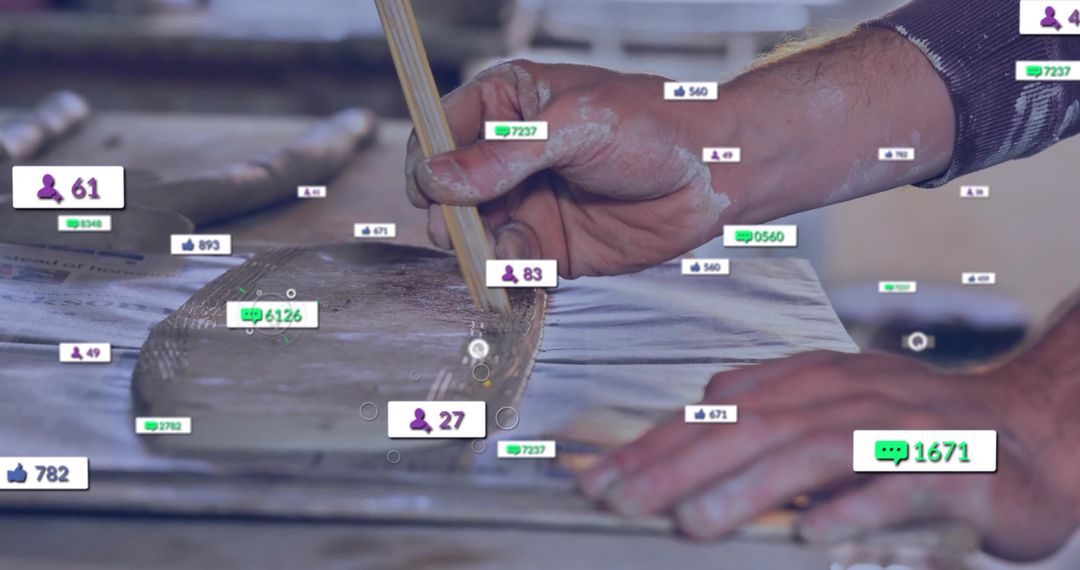 Craftsman Finishes Wood Plank with Social Media Interaction Overlay