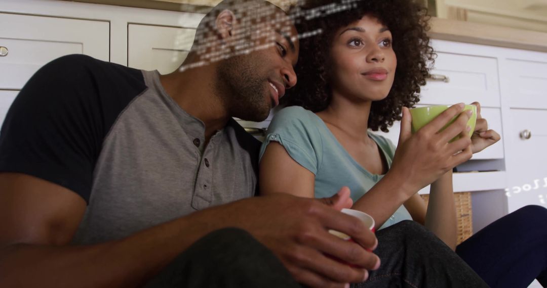 Couple Leaning on Entryway with Mugs and Calm Expressions