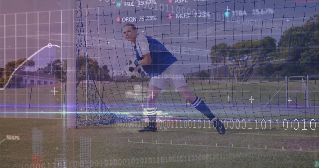 Female Goalkeeper Distributing Ball with Digital Data Overlays