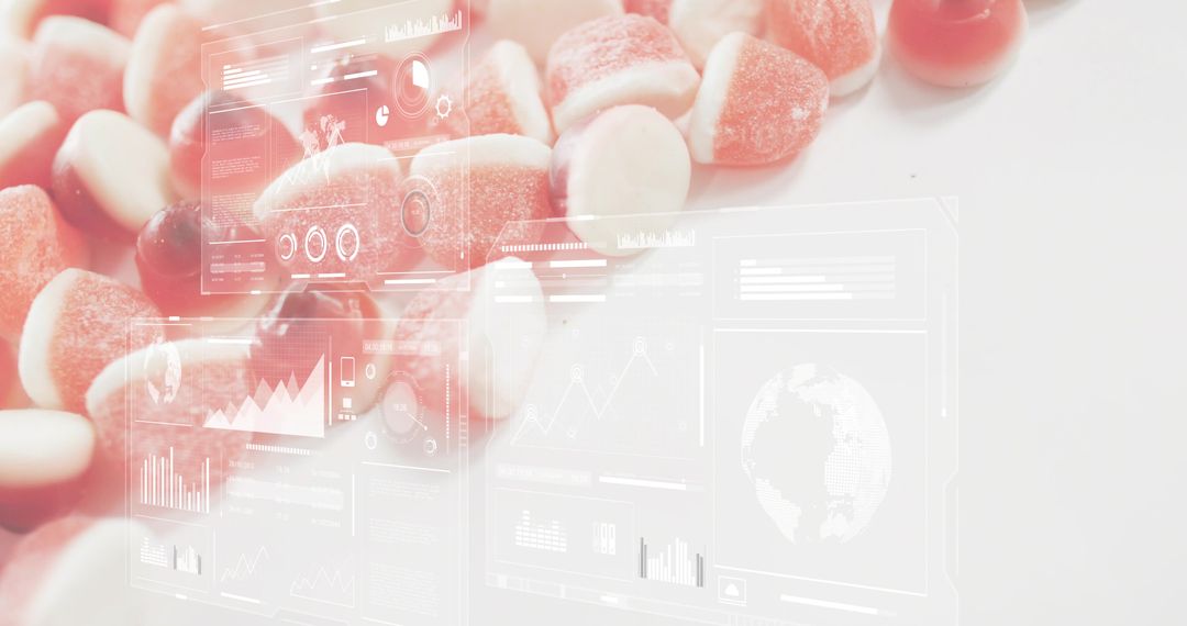 Red and White Gummy Candies Showcasing Futuristic HUD Dashboards on Minimal White Surface