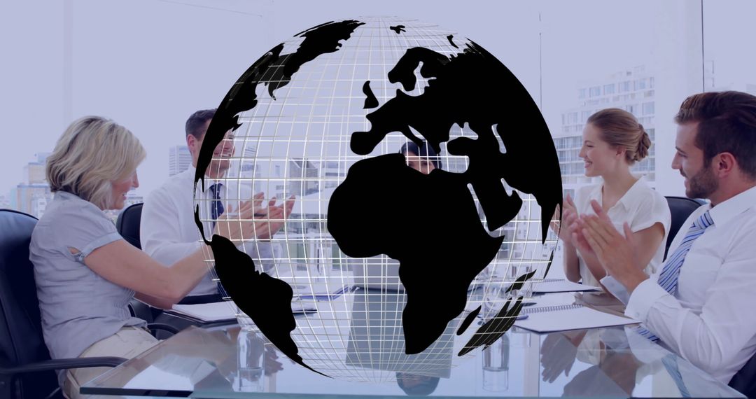 Professionals Applauding Around Glass Table with Digital Globe Overlay