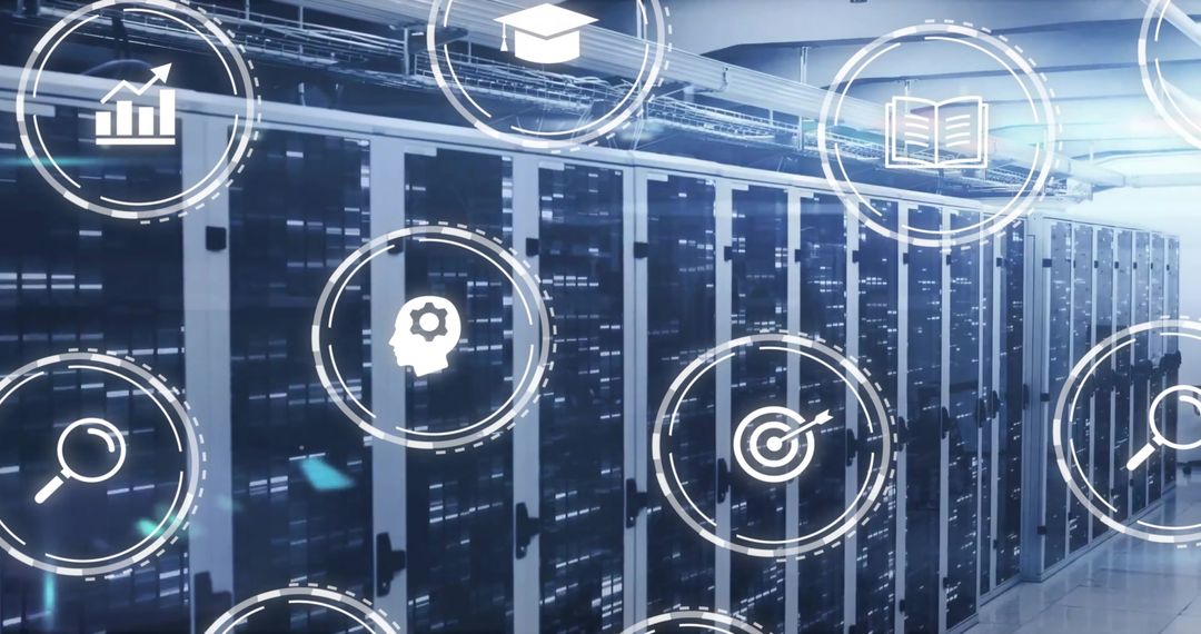 Digital Network Concept Above Modern Server Racks with Abstract Icons