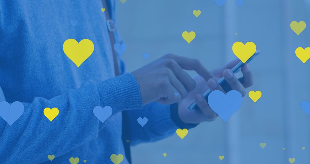 Young Man Engaging with Smartphone Surrounded by Floating Hearts