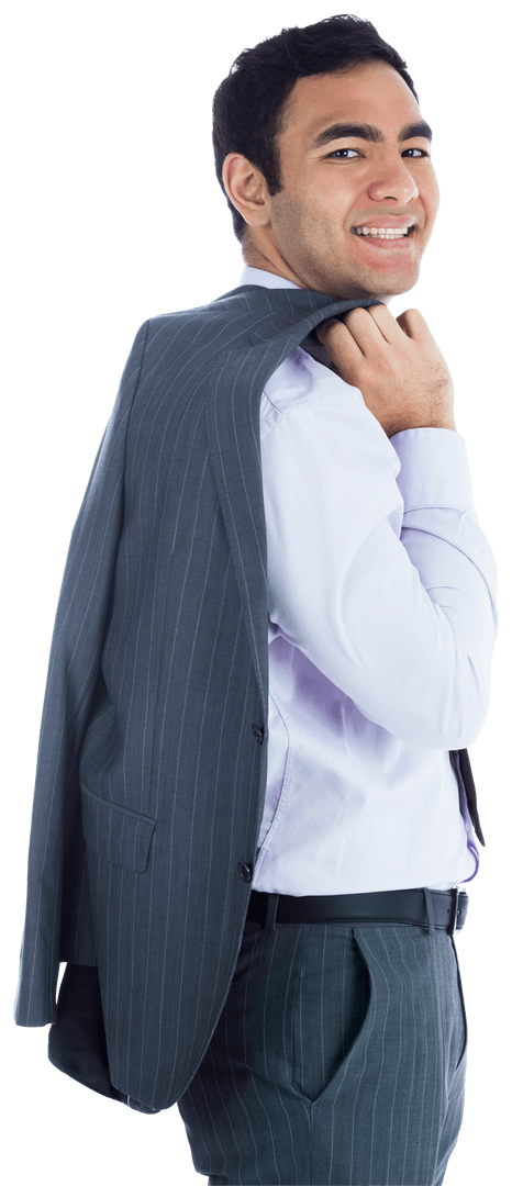 Smiling Biracial Businessman with Suit Jacket on Transparent Background