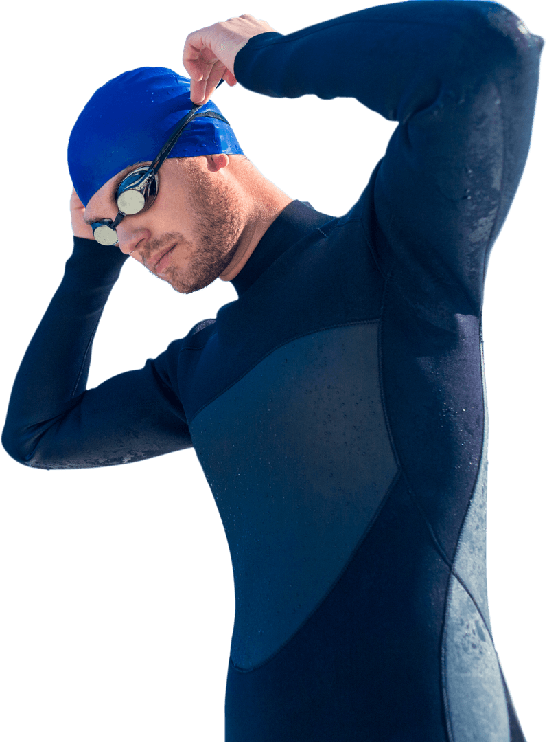 Caucasian Swimmer Ready for Competition with Goggles and Cap
