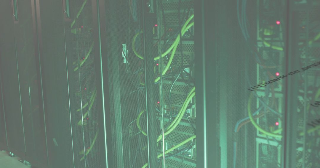 Modern Data Center Servers with Blinking LED Lights