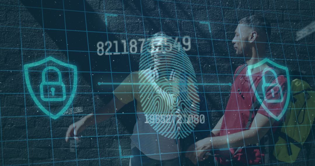 Digital Security Interface Displayed Over Friends Discussing Outdoors