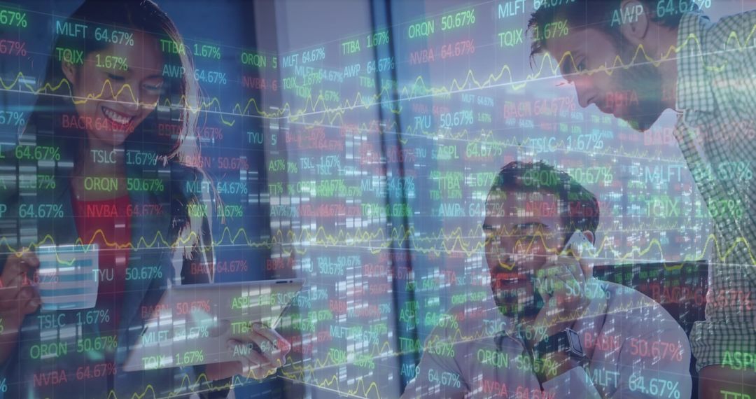 Finance Team Analyzing Stock Data in Futuristic Office Setting