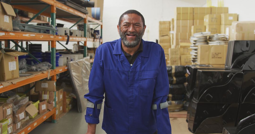 Male Warehouse Worker Smiling in Blue Overalls - Free Images, Stock Photos and Pictures on Pikwizard.com