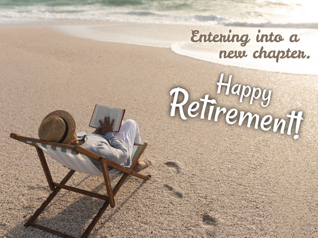Happy Retirement Card with Senior Man Reading on Beach - Download Free Stock Templates Pikwizard.com