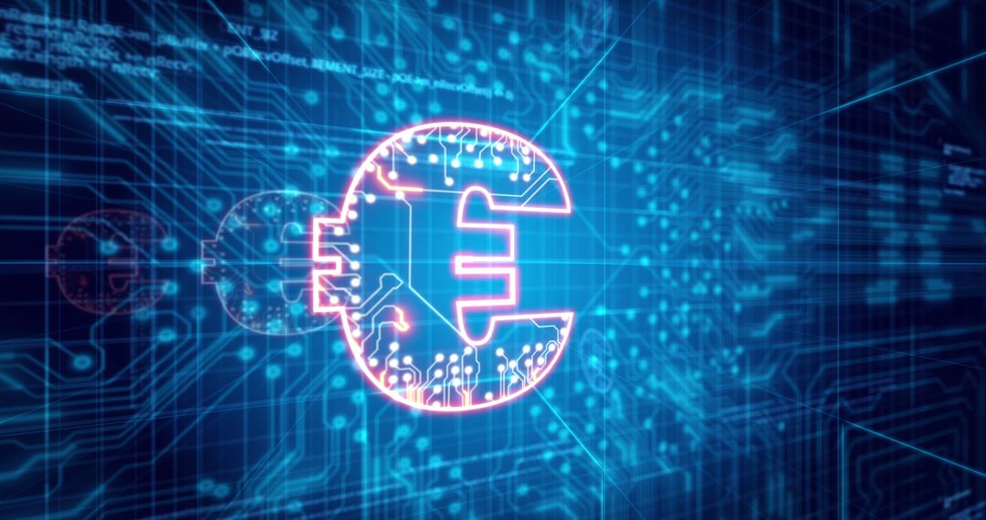 Glowing Euro Symbol on Digital Circuit Background