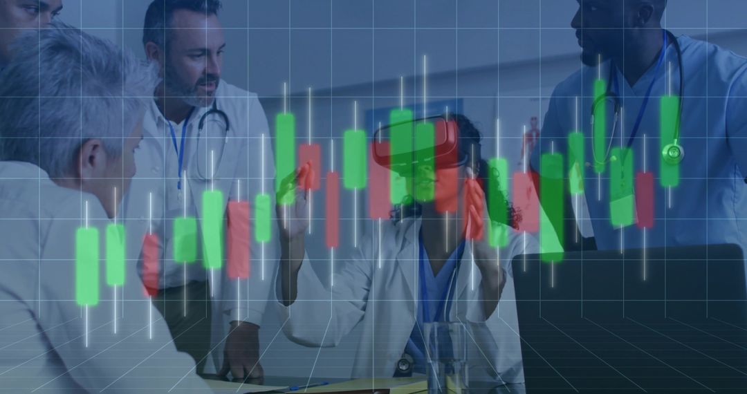 Doctors Using VR Technology in Medical Discussion with Stock Market Overlay