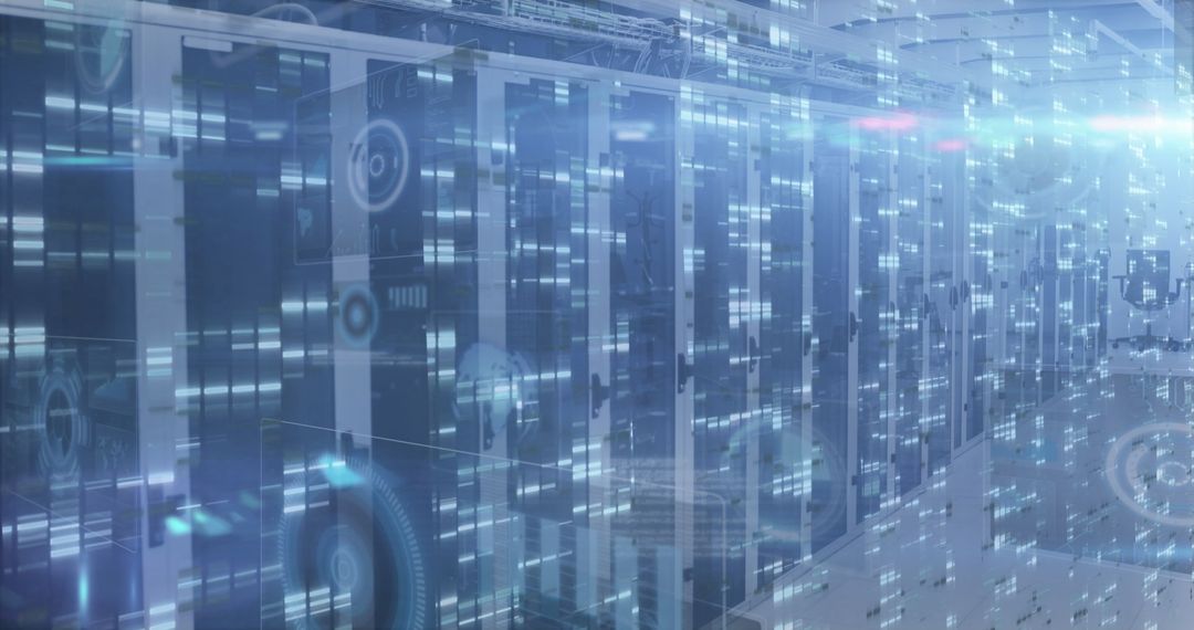 Futuristic Digital Overlay in High-Tech Data Center