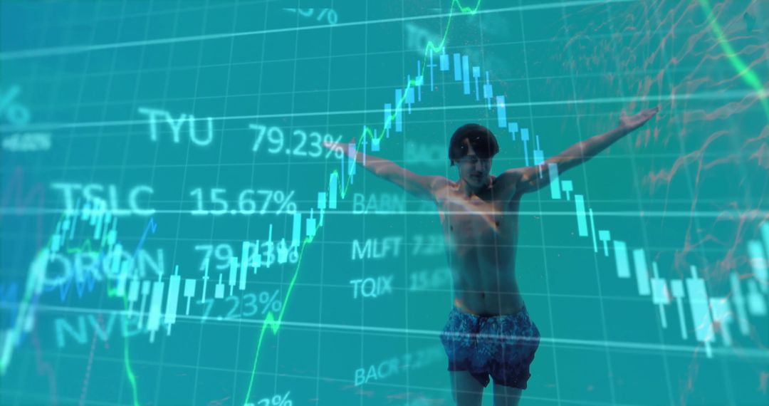 Business Data Graph Overlaying Swimmer in Pool Water