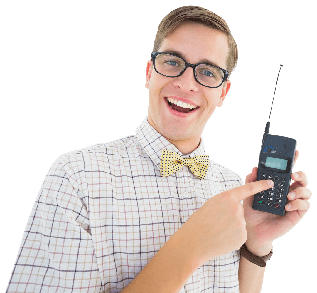Geeky Hipster Holding Retro Phone Transparent Background