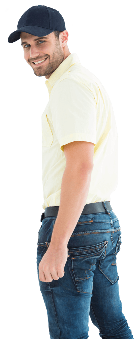 Smiling Delivery Man with Yellow Shirt on Transparent Background